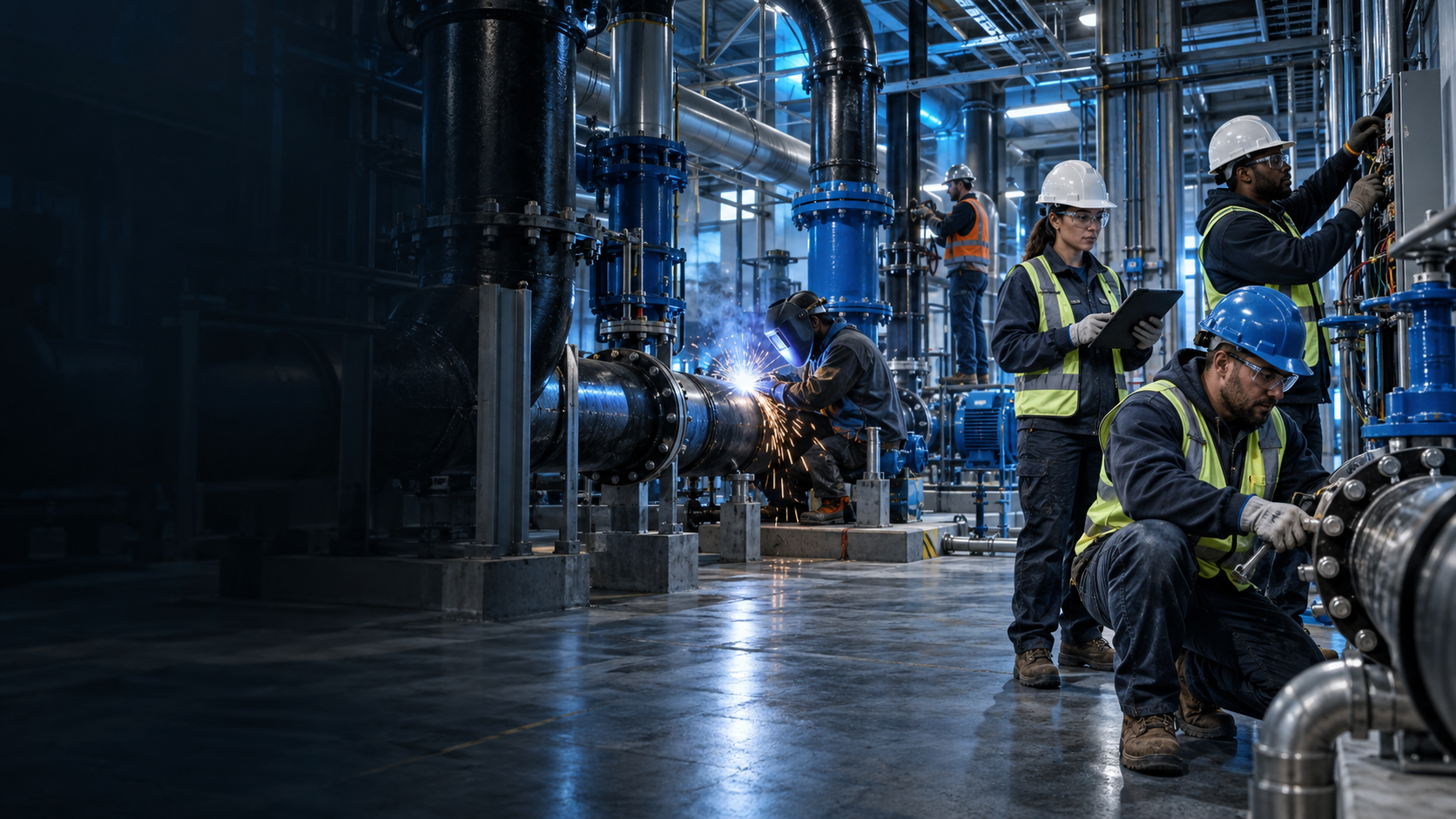 Skilled tradespeople working safely in an industrial mechanical facility